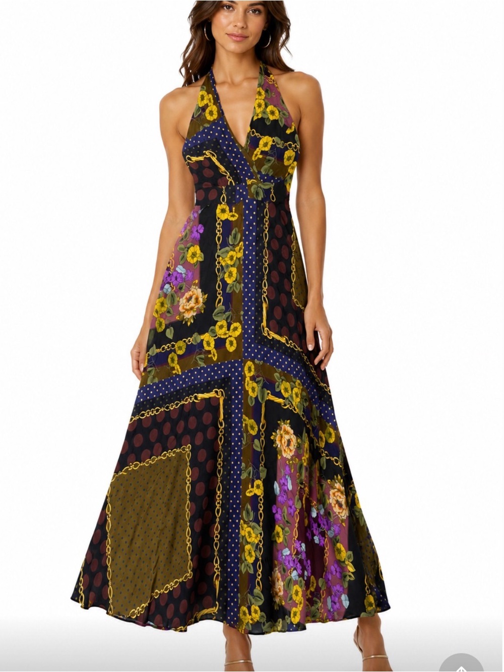 Dixie Italian 100% Cotton Halter Floral Patchwork Sunflowers Open Back Maxi